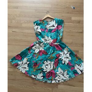Vintage 80s JM II Teal Floral Rockabilly near full circle twirl Dress size 10
